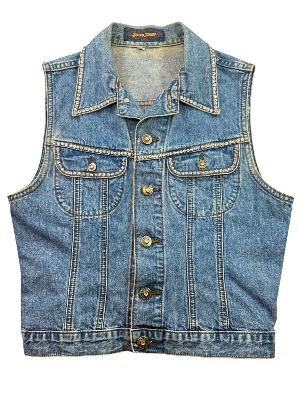 Vintage Guess Rhinestone Denim Vest Women's Medium Y2K Western Festival Retro